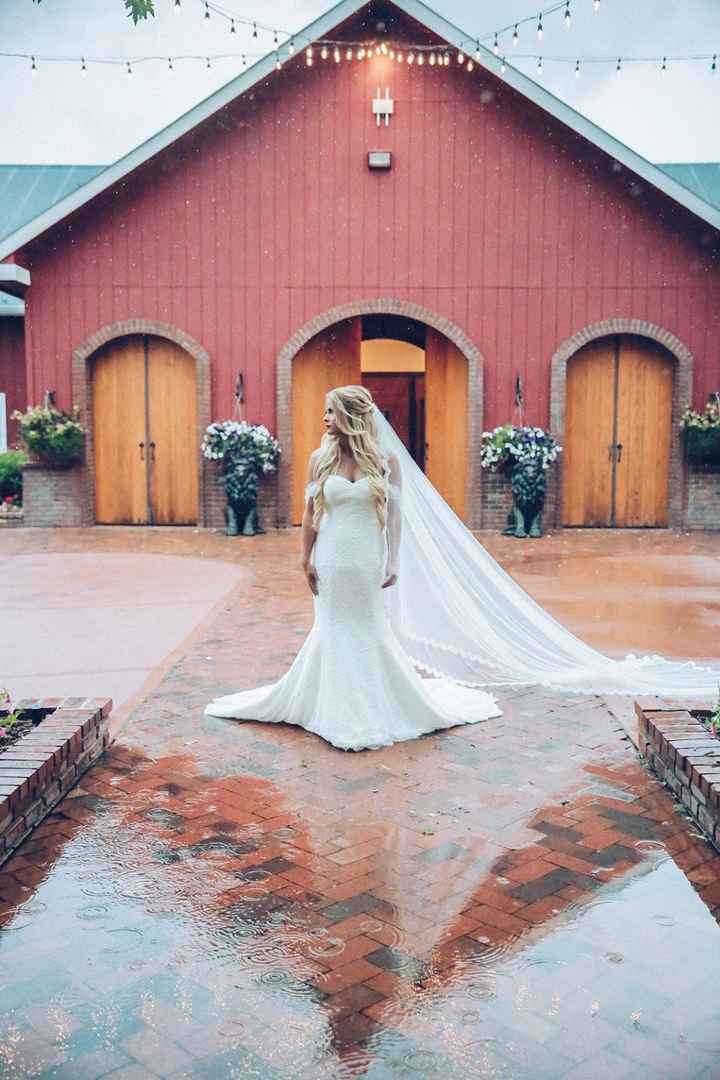 My dress was a sheath/mermaid with a strapless top with a sweetheart neckline. My veil was cathedral