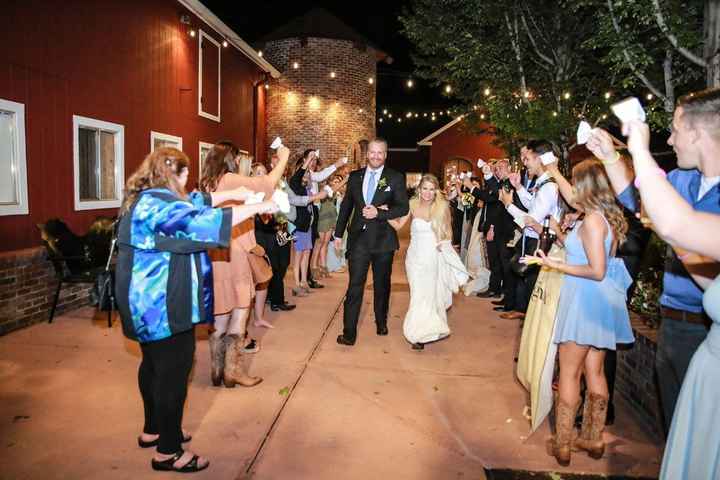 We had everyone shaking mini cowbells, our wedding was somewhat country-themed so it made sense for 