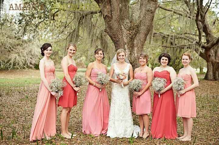 Different length bridesmaid dresses.