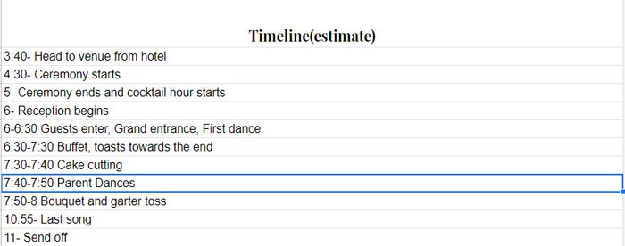 Reception Timeline 1