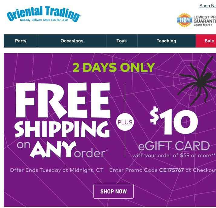 PSA- Oriental Trading Free Shipping & $10 Gift care over $59