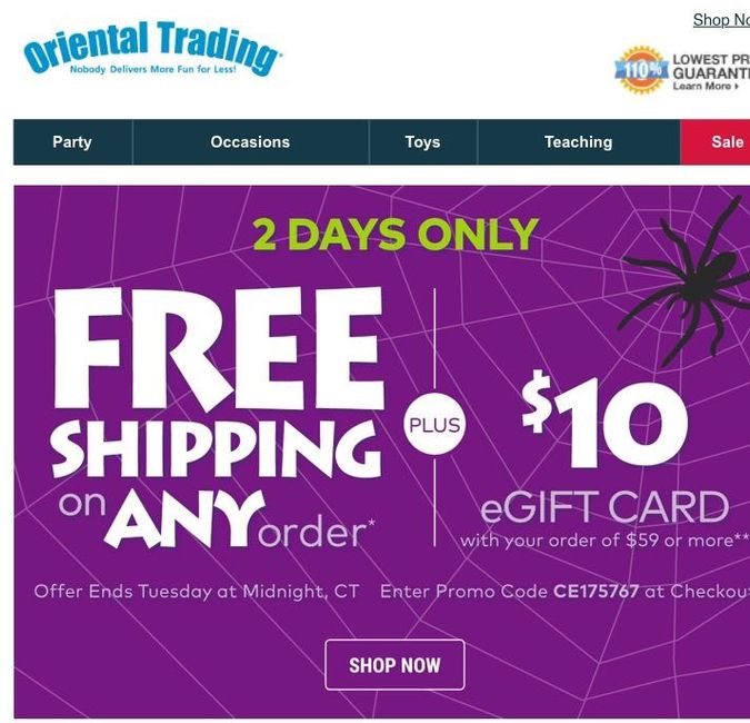 PSA- Oriental Trading Free Shipping & $10 Gift care over $59