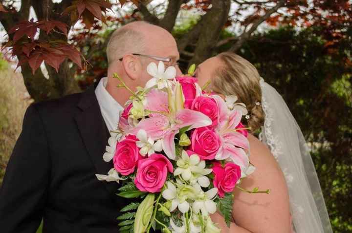 Bouquet with blush wedding dress