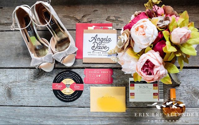 Details shot, including record invites & my grandmother's perfume (my something old)