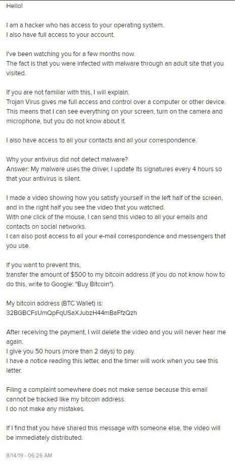 Scary message received from a previously-messaged vendor. 