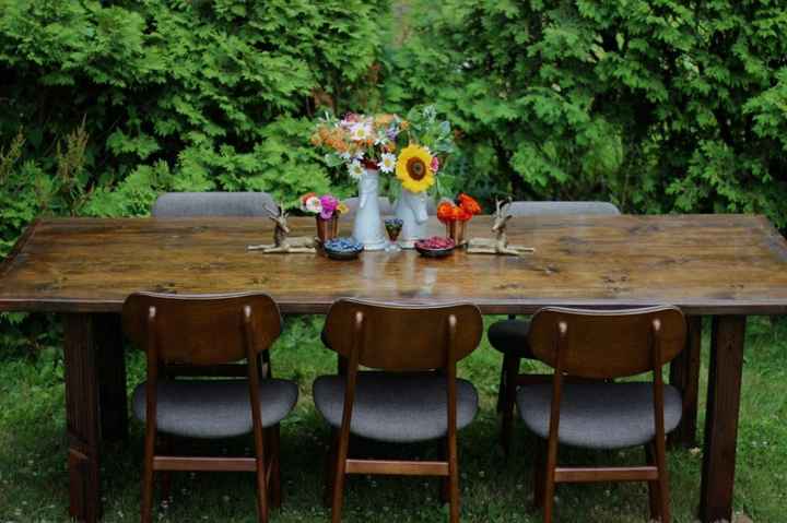 Farmhouse tables we rented from Emerald Crane Event Rentals