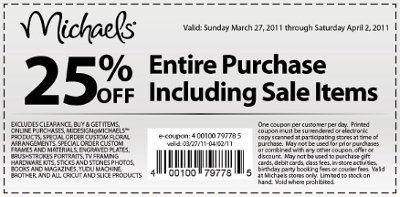 Michaels 25% off coupon until tomorrow (April 2nd)