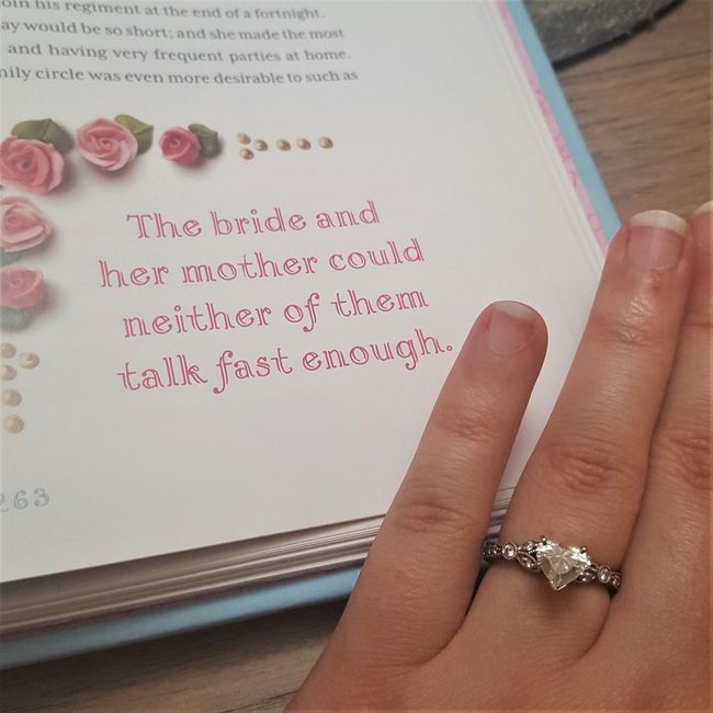 my gorgeous heart cut engagement ring 💖 featuring a quote from my favorite novel, Pride and Prejudic