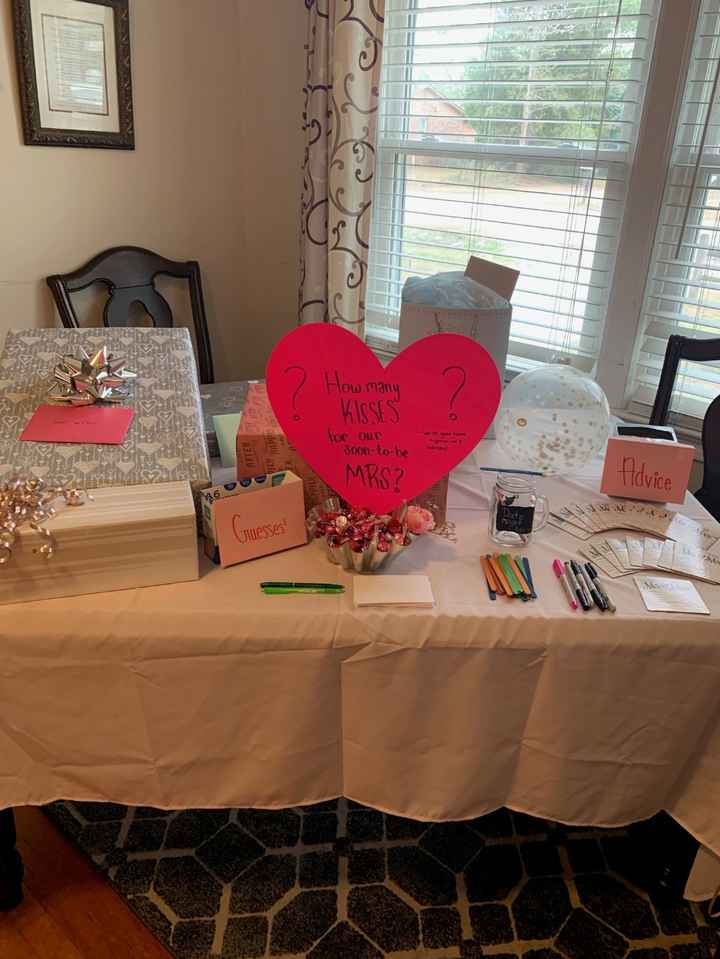 Gift table, kisses game, and advice cards (before guests arrived)