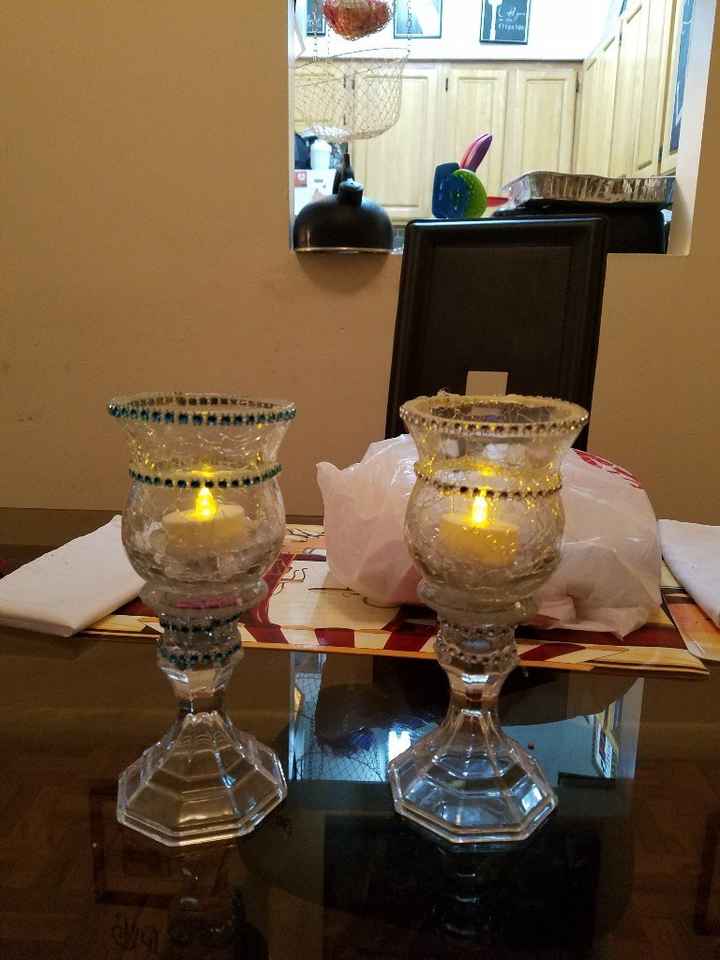 our candle holder for the sweat heart table ( the bling is the colors of the wedding)