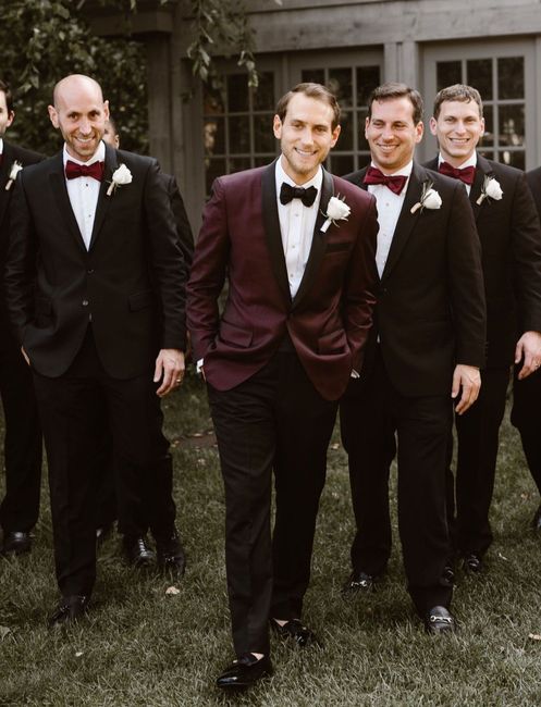 Maroon w/ black tie Groom and Black w/ maroon tie Groomsmen