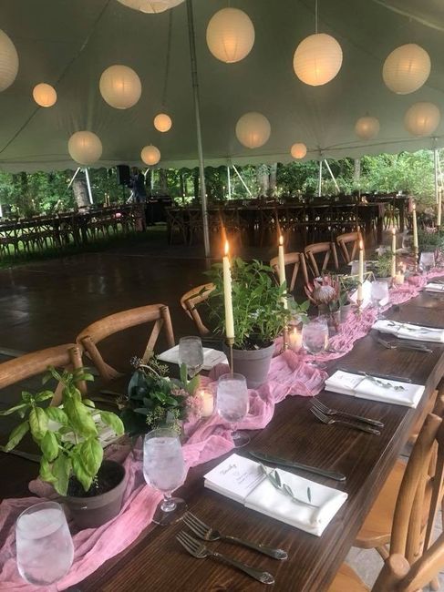 Under the tent - our florist nailed our vision and my husband and I hand dyed the runners