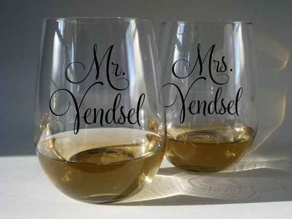 Mr. and Mrs. Stemless Wine Glasses for Toasting?