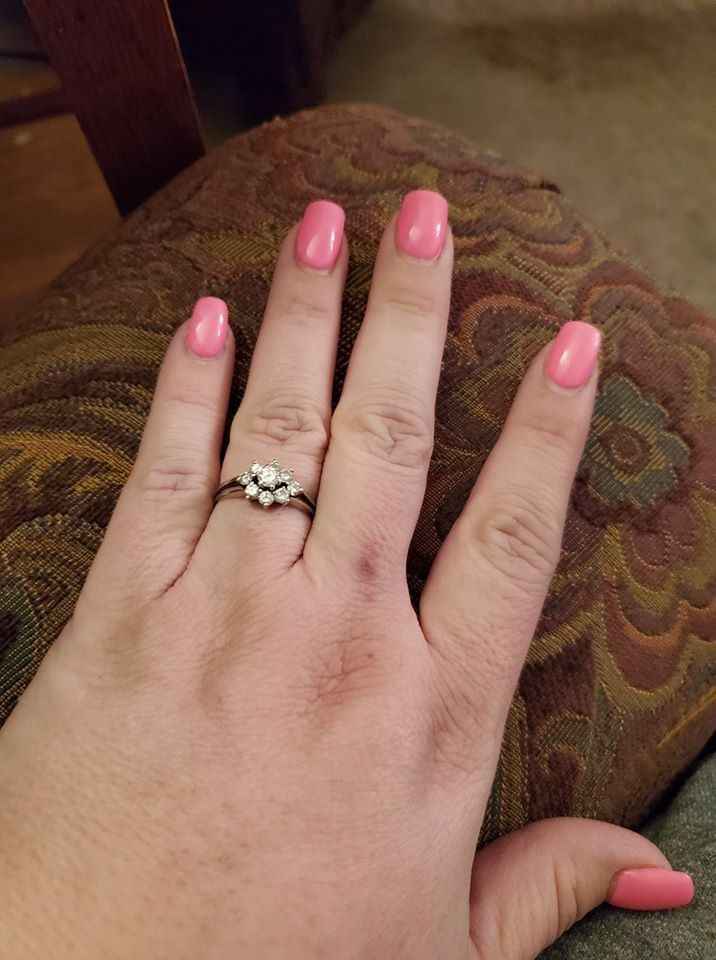 My fiance graciously agreed to let me wear my mom's wedding ring from my dad. It makes me feel like 