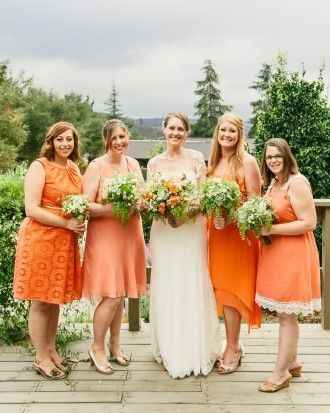 Orange mixed bridesmaids dresses