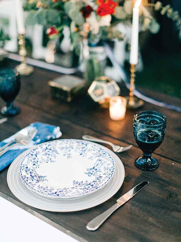 Farm tables with vintage wine goblets