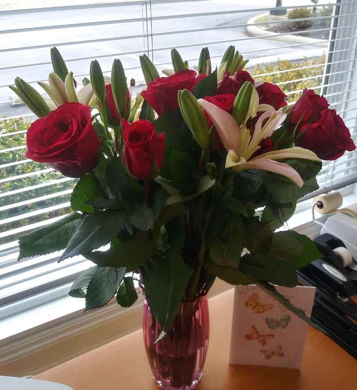This was a bouquet of flowers my fiance sent to me; my first day returning to work after getting eng