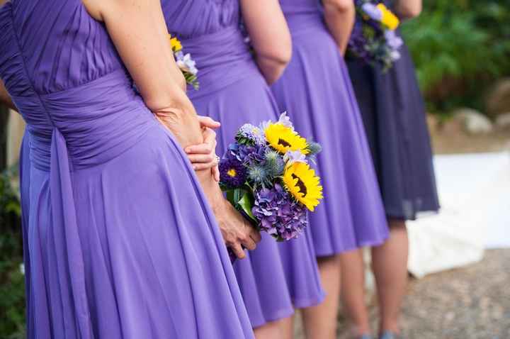 Sunflower bouquets with BM's purple dresses?
