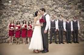 Red bridesmaid dresses with what color suits for the guys?
