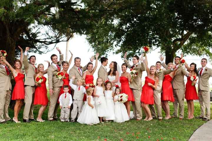 Red bridesmaid dresses with what color suits for the guys?