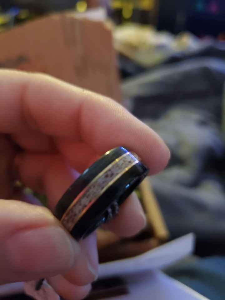 My FH ring. Jack Daniel's whiskey barrel ring with elk antler and double yellow gold inlays