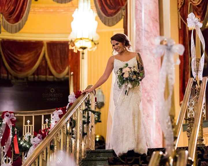 Walking down the stairs (aisle) and first seeing my husband!