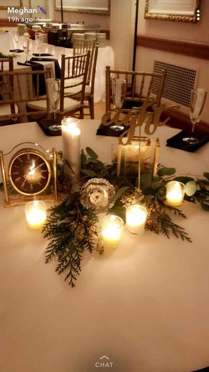 non pro centerpiece pictures! all of the centerpieces were different clocks with greenery and candle