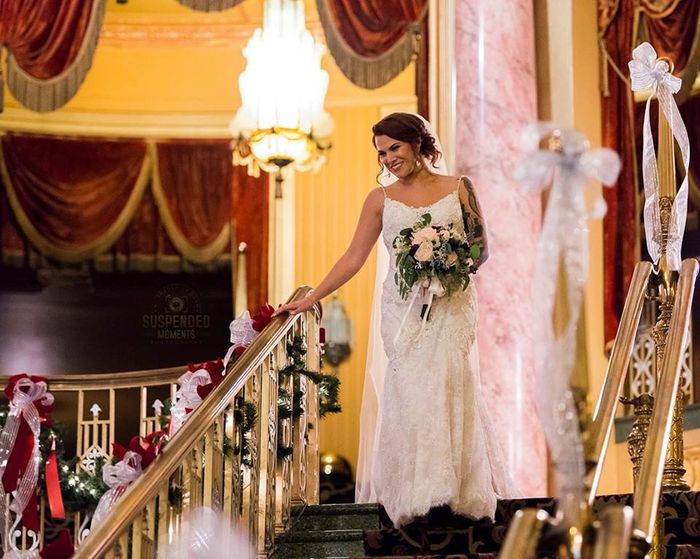 Walking down the stairs (aisle) and first seeing my husband!