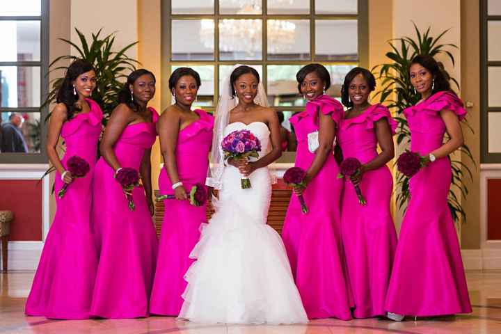 Blush pink wedding dress with fushia pink BM dresses?? Help me figure this out (pics)