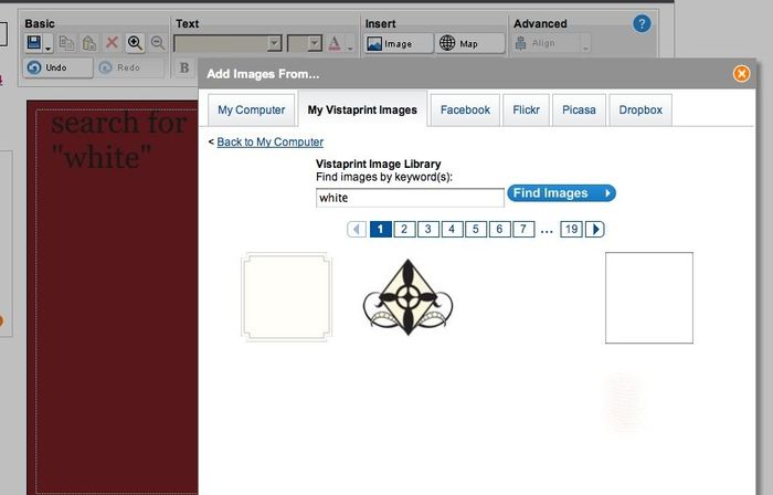Vistaprint "white" images, screenshots...pic heavy