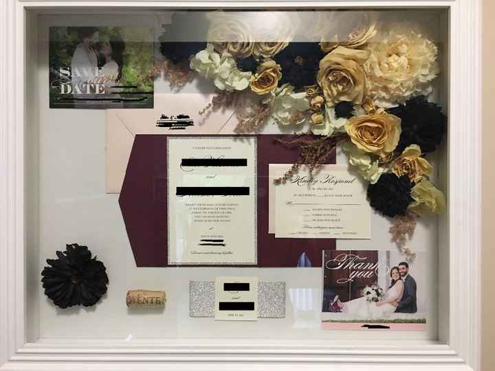 Shadow box, with STD, invitation suite, thank you and preserved bouquet flowers