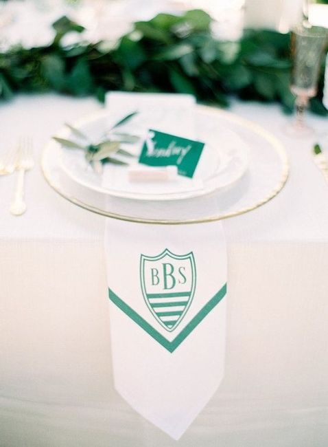 Green and white monogrammed napkin