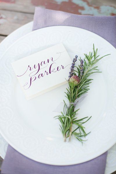 white linens and lavender runners/napkins + greenery detail