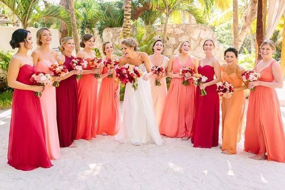color scheme beach wedding white champagne neutrals orange red bridesmaids
