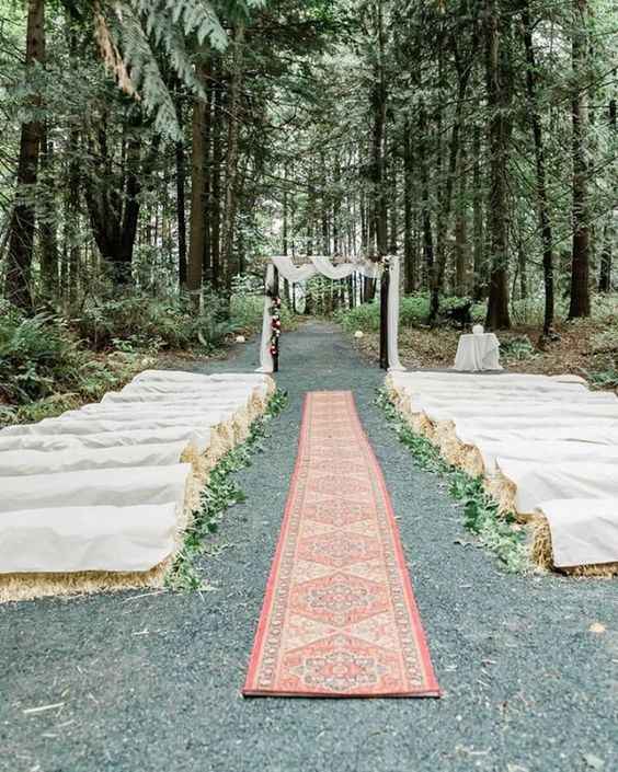 rug aisle runner outdoor forest wedding boho chic