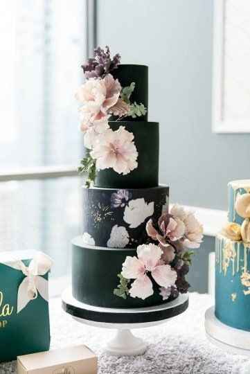 black wedding cake pink florals flowers