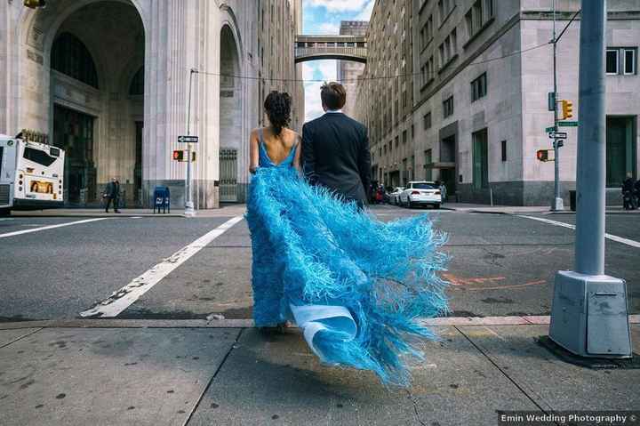 NYC wedding blue dress feather skirt couple on street