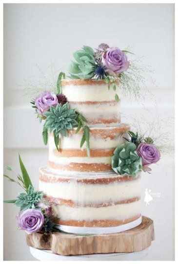 naked wedding cake with lilac roses and greenery