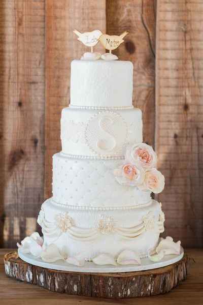 intricate detail wedding cake with roses and bird cake topper