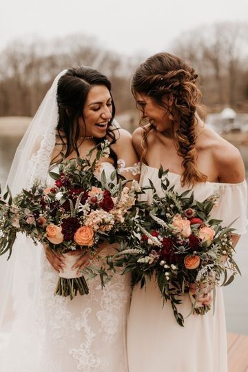 bride with her maid of honour, fall flowers, blush bridesmaids dress