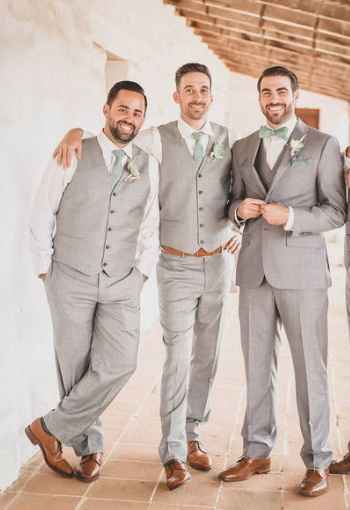 Grey suit with sage green tie