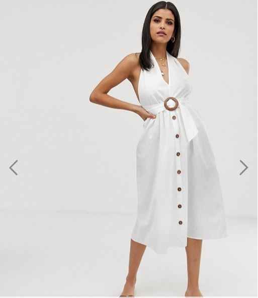 whiter halter neck dress with buttons and belt