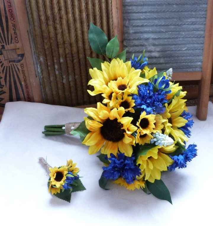 blue cornflower and sunflower bridal bouquet