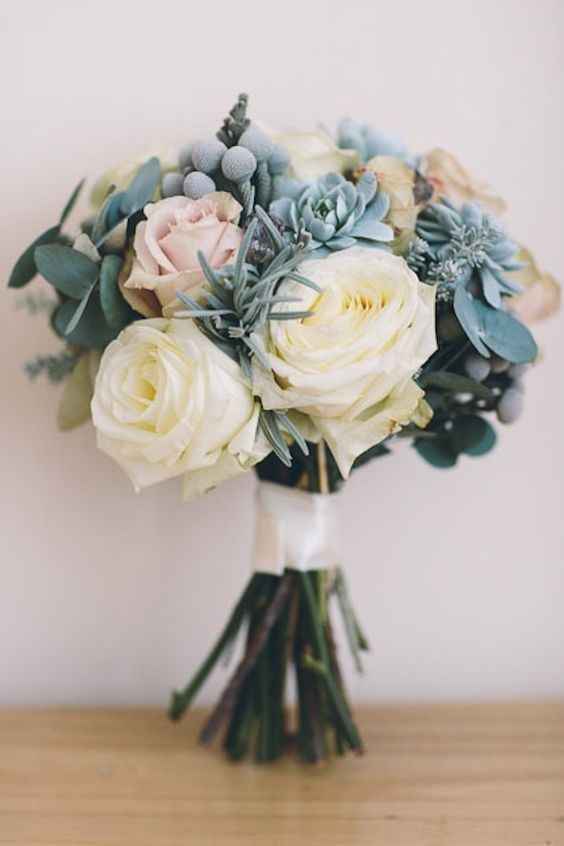blue ivory and blush wedding bouquet 