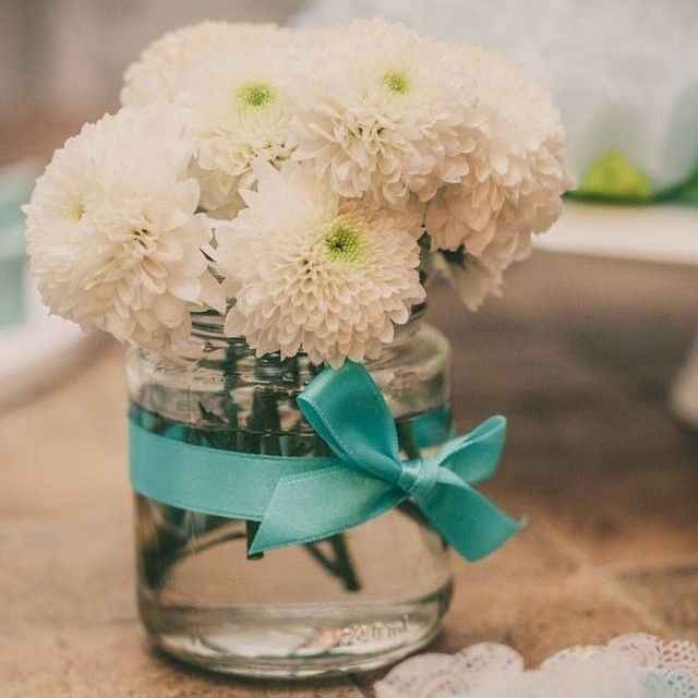 tiffany blue wedding decor, ribbons around mason jar