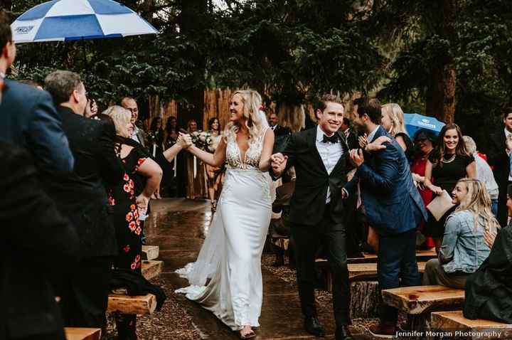 fitted wedding dress, lace top, long train, bride walking down aisle