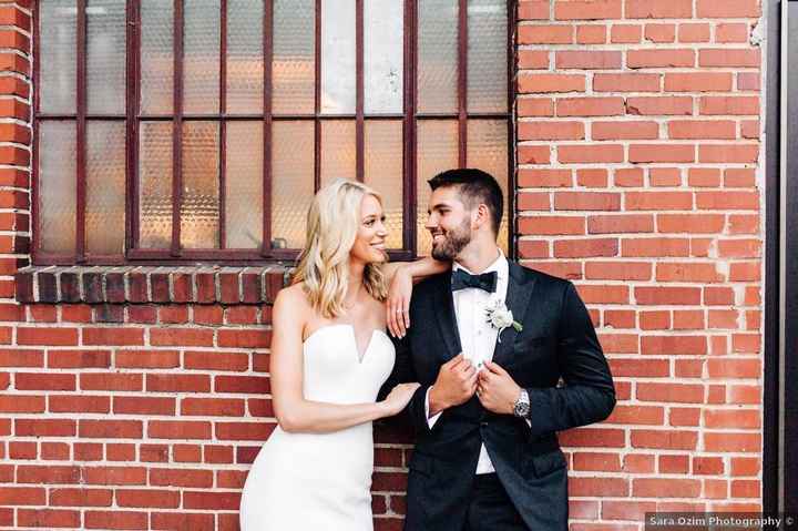 strapless wedding gown with v dip, fitted dress, groom in tux