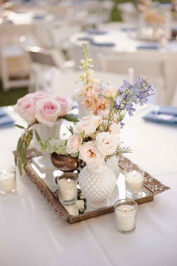 mirrored tray in a wedding centrepiece, flowers and candles