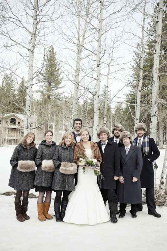 wedding day muffs, wedding party pictures in eh snow