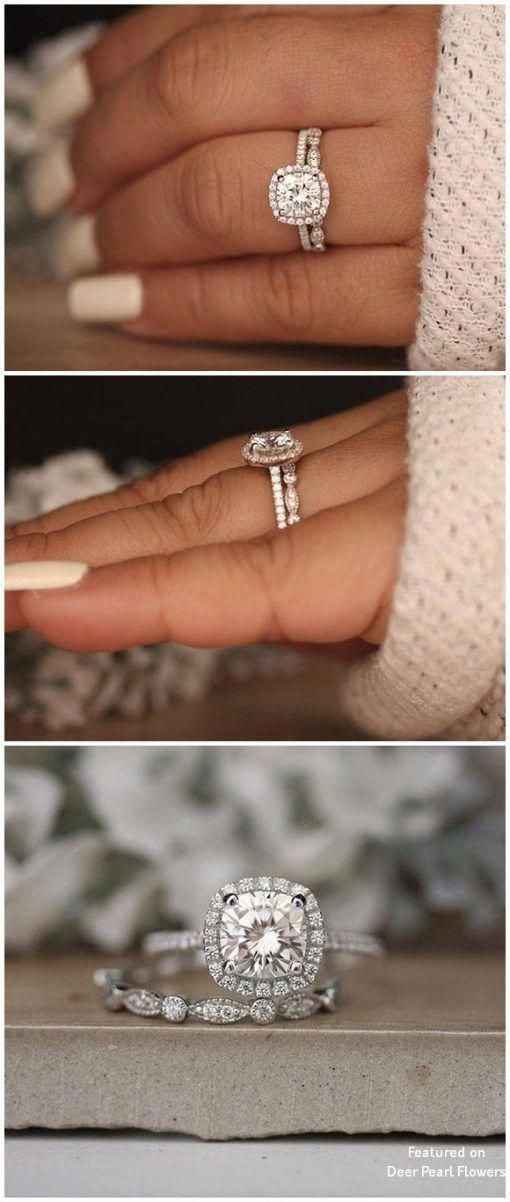 cushion cut engagement ring white gold with twisted, paved wedding band